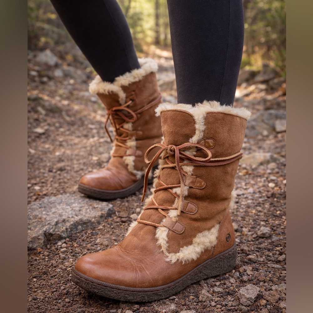 Børn Shearling Lined Leather Lace Up Boots Womens Size 7 Brown Cozy Boho - Picture 1 of 14
